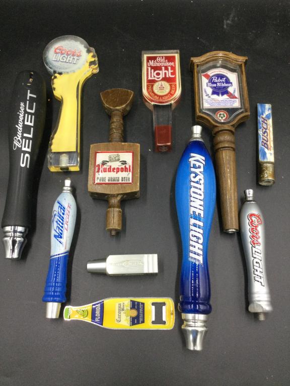 Beer Taps: Total of 10 taps in this lot. There is Old Milwaukee Light, Pabst Blue Ribbon, Budweiser Select, Coors Light, etc. Please carefully read our terms of sale,