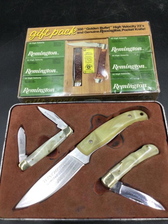 Remington & Winchester: Remington Gift Pack in sealed package. This has 6 boxes of shells && 2 knives. The other is Winchester 2005 Limited Edition in Tin case. See pictures there is 3 knives in this set.