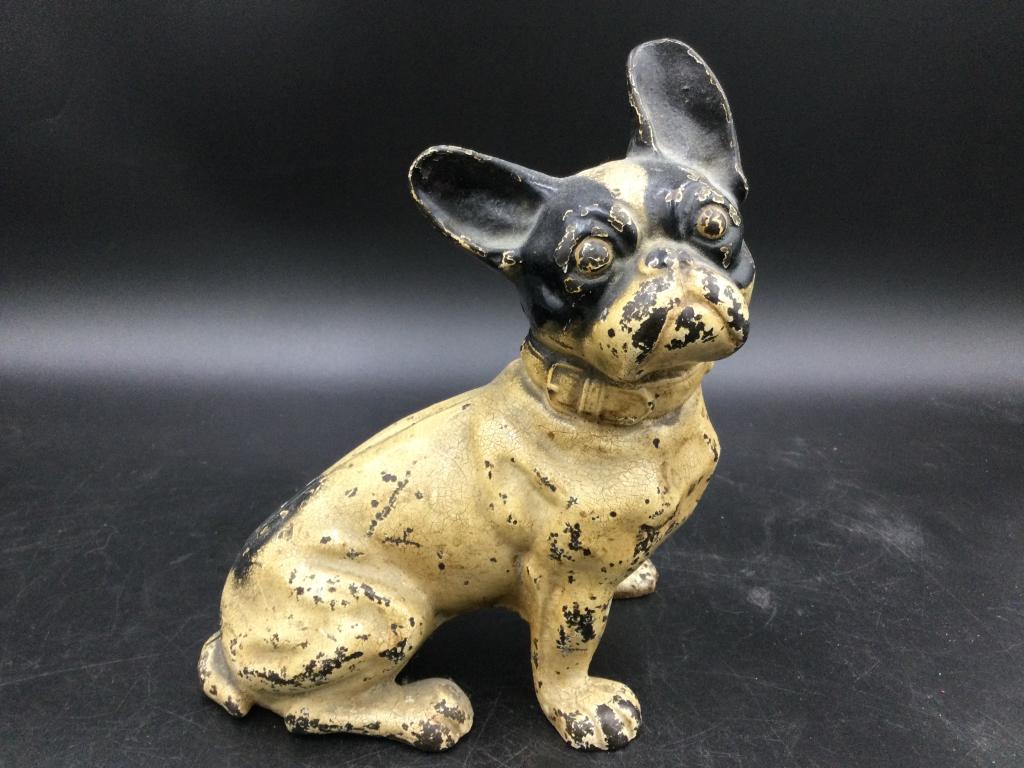 Cast Iron Boston Terrier: Nice older cast iron door stop piece that has paint lose consistent with age. Measures 9.5"hx6"lx4"w. Quite heavy Please carefully read our terms of sale,