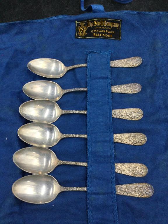 Vintage Steiff Sterling Spoons: Comes in clothe case with label from the The Steiff Company Baltimore. Total of 6 teaspoons 5 3/4" and they weigh 138.1g. All in good condition.