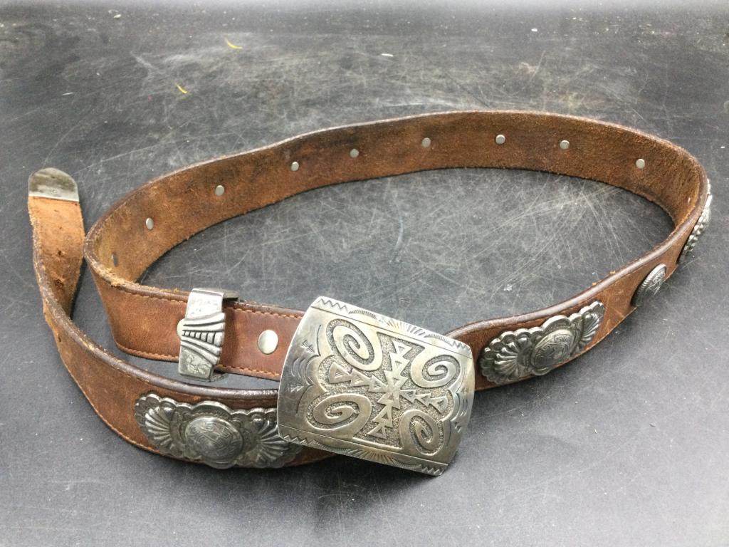 Native American Belt: Belt measures 42"L and buckle is sterling. Condition is good. Belt marked inside on leather. See pictures, No refunds given.