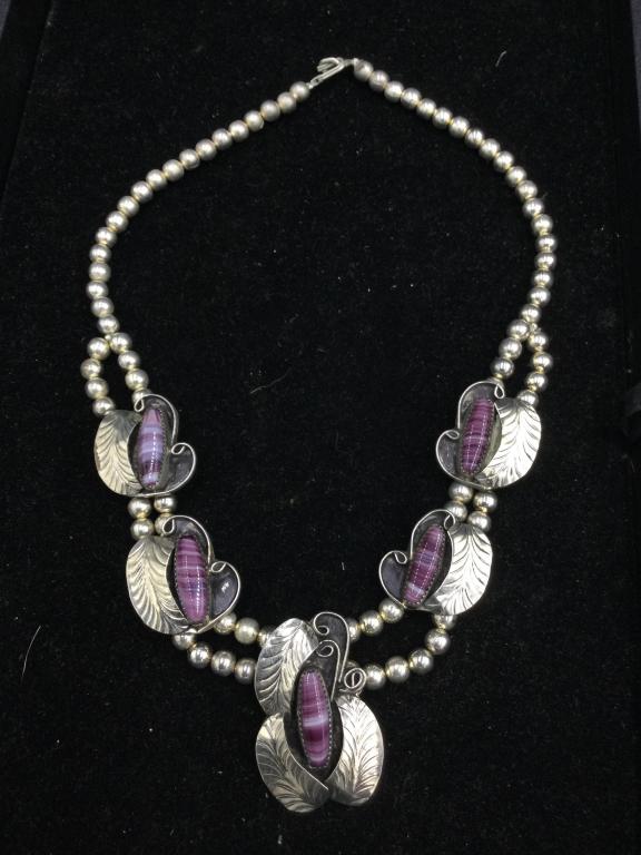 Native American Necklace: Neat piece that measures about 18" long. Mexican necklace that is nickel silver. Condition is good, see pictures. No refunds given.