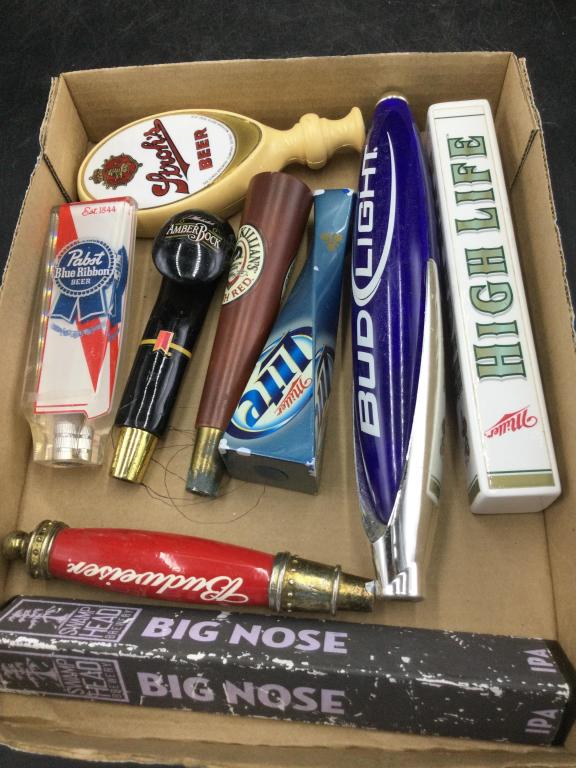 Vintage Beer Taps: Total of 9 in this lot. There is Bud Light, Miller Lite & High Lite, Pabst, Strohs, Amber Bock , Killians, Budweiser and Big Nose. Condition is consistent with age and use, see pictures. No refunds gi