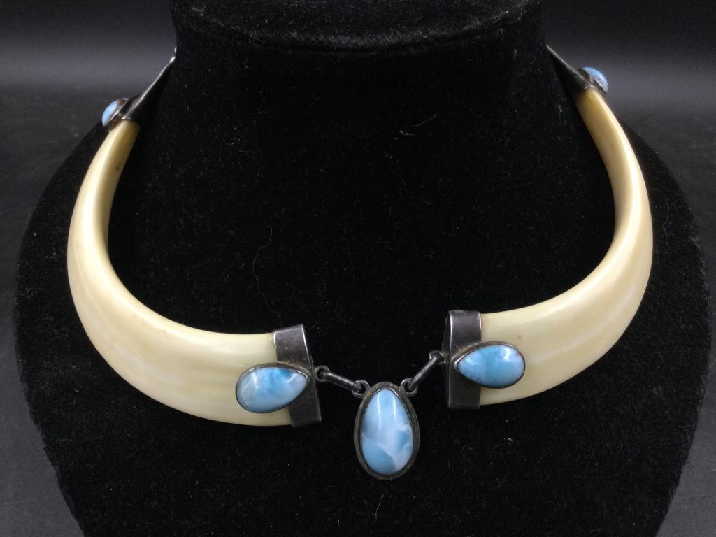 Vintage Native American Necklace: Neat necklace that has larima and tusk with sterling. Very unique piece, see pictures. No refunds given.