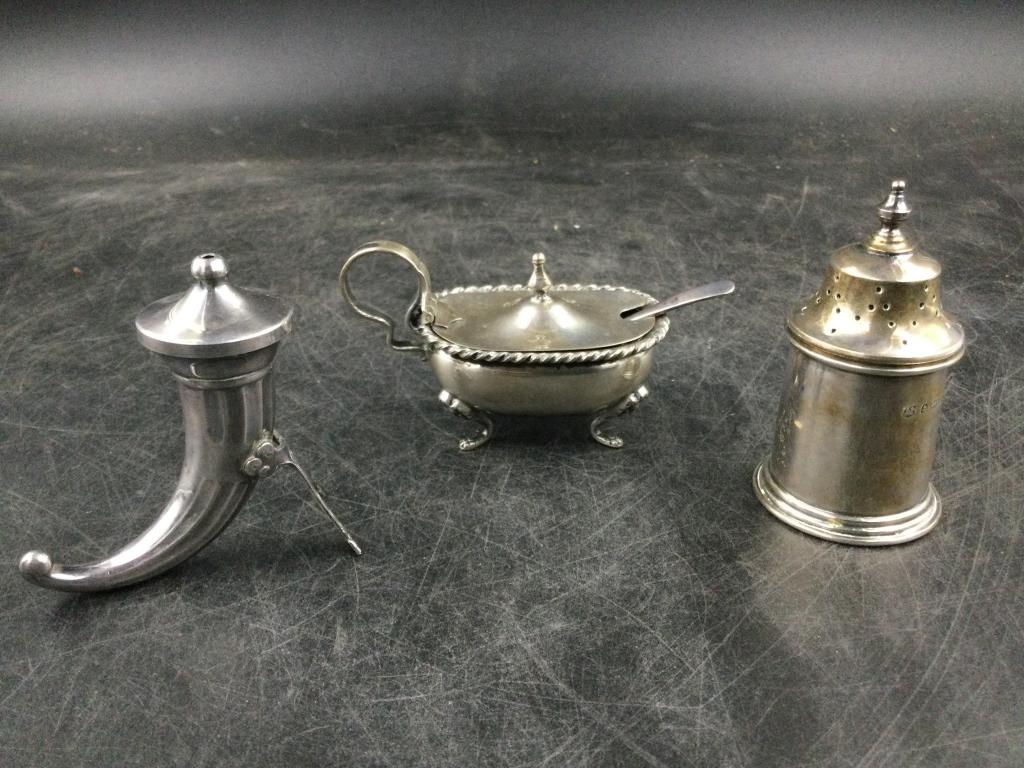 Vintage Sterling Items: Total of 3 salt cellars in different styles. One has a spoon. See pictures, these are some vintage pieces. Total weight of all is 96.3g. No refunds given.