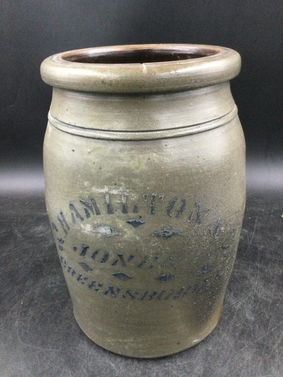 Vintage Hamilton & Co Greensboro Crock Stoneware: Stoneware crock that is marked on front. Condition is consistent with age and use. Measures 10"h x 6"w. 1 gallon crock. See pictures. No refunds given.