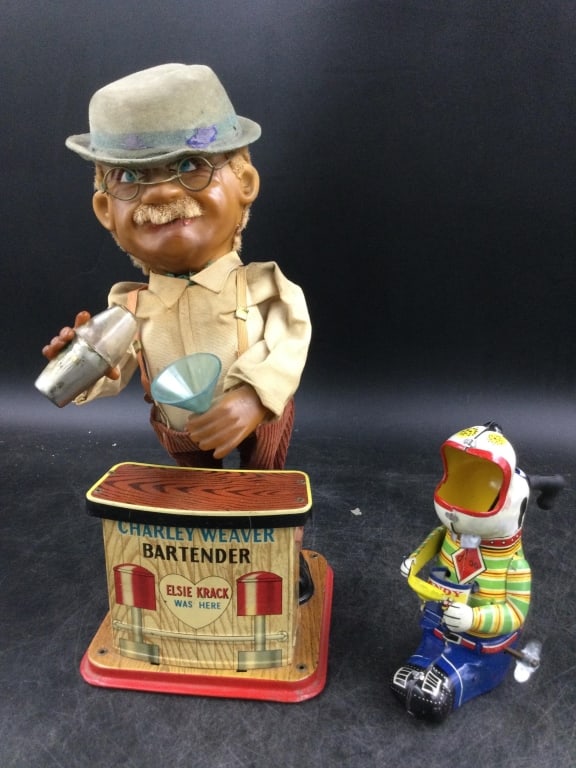 Vintage Toys: Total of 2 vintage toys. See pictures, there is a dog "Candy Loving Canine" and bartender "Charley Weaver". Condition is consistent with age and use. No refunds given.