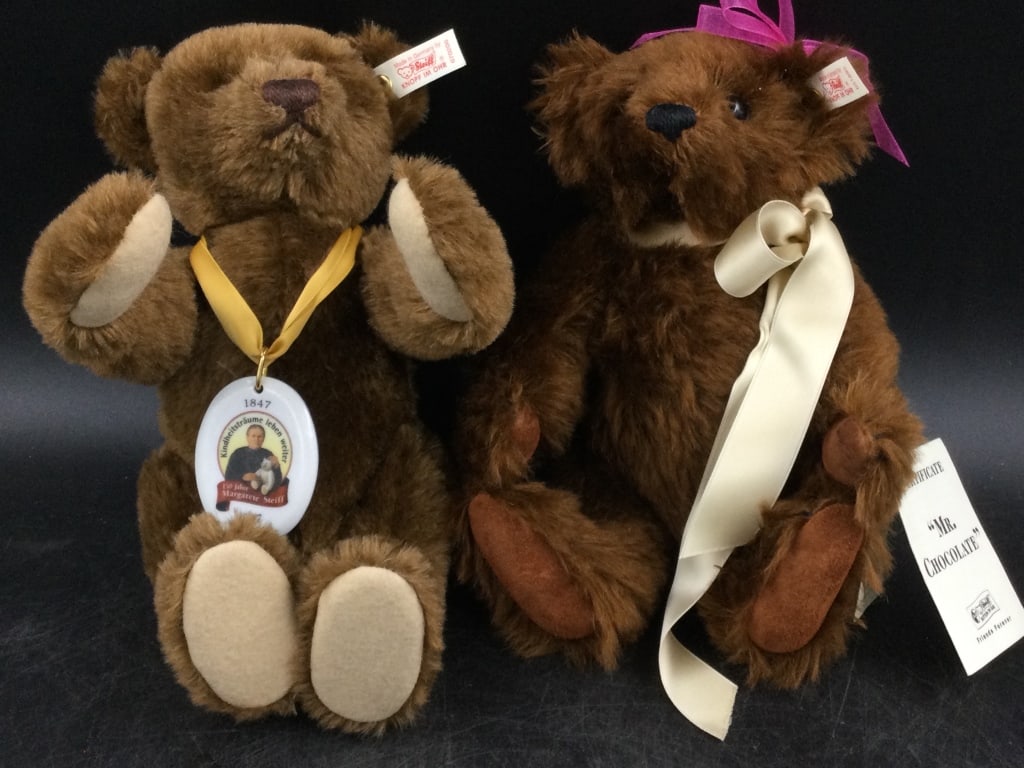 Steiff Bears: Total of 2. There is Mr. Chocolate with his certificate and 150th Anniversary Bear. Both are jointed and condition is good, see pictures. No refunds given.