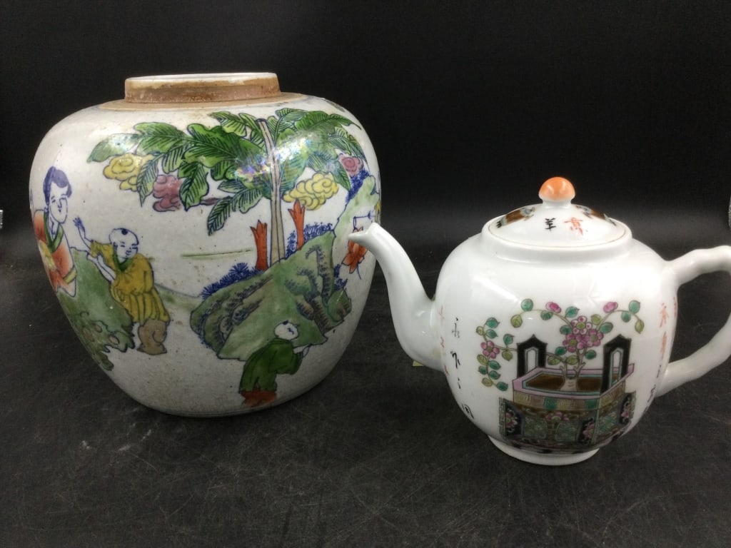 Asian Pottery: The larger one is a Chinese doucai jar that measures est 7"h. Stunning painting then glazed. The other piece is Chinese famille rose tea pot. Another cool piece hand painted and signed. See pictures,