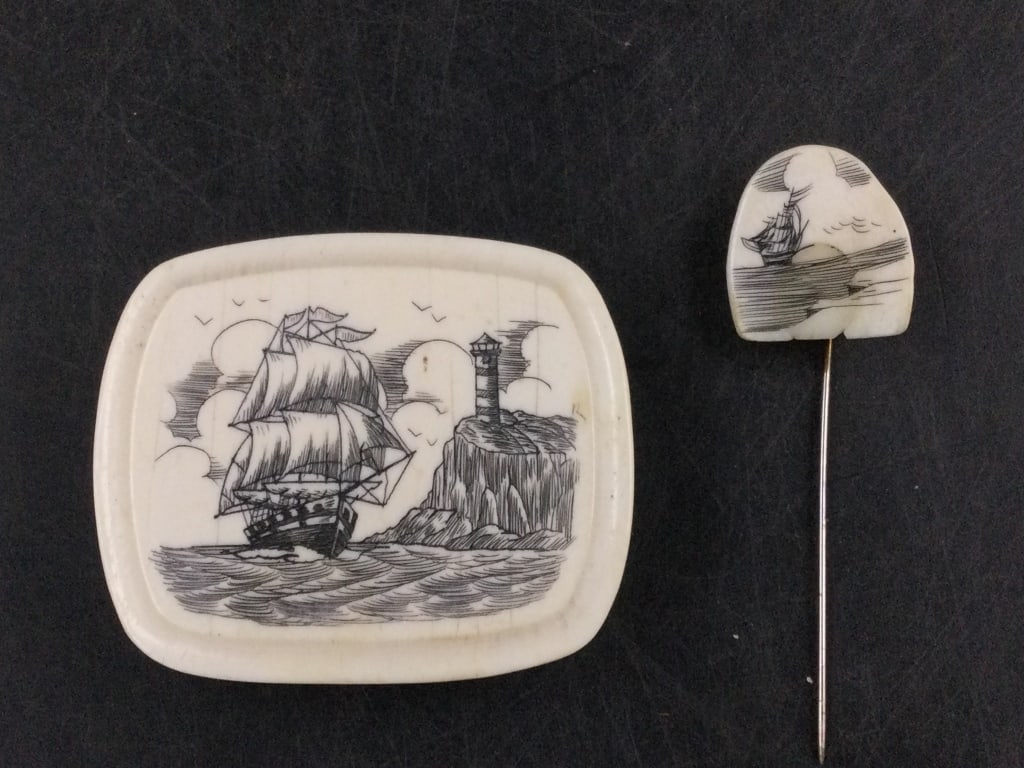 Scrimshaw Pieces: One is a belt buck with ship and lighthouse 2.34" x 1.97". The other is a hat pin with ship scene. Condition is good on both pieces, see pictures. No refunds given.