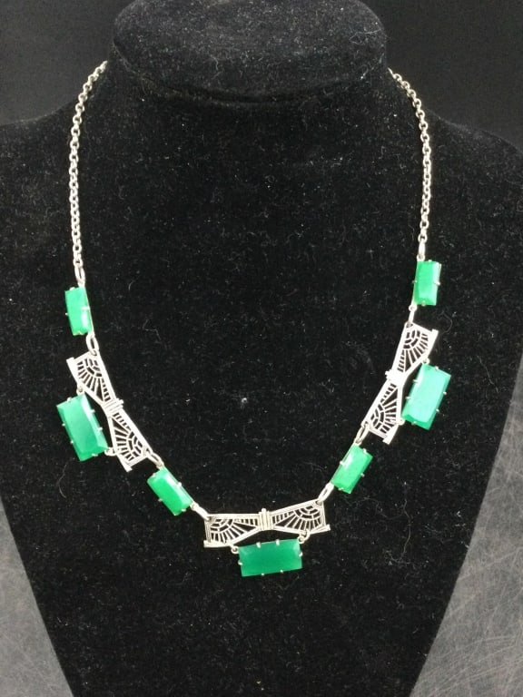 Art Deco Choker: Neat vintage necklace with glass/jade stones. Condition is good, see pictures. No refunds given.