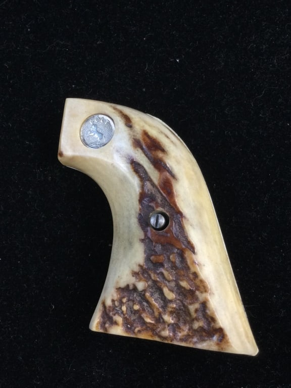 Stag Handle Colt Grips: Colt emblem and condition is good. Believe goes to single action army revolver. See pictures. Measures 3.09 inches. No refunds given.