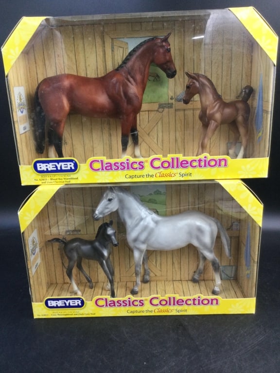 Breyer Classic Collections: Brand new in original boxes. There is #62031 Grey Thoroughbred and Dark Grey Foal. The other is #62033 Blood Bay Warmblood and Liver Chestnut Foal. See pictures. No refunds given.