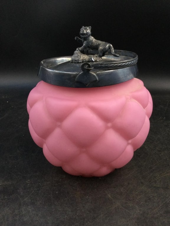 Vintage Biscuit Jar: Pink satin quilted glass handled biscuit jar. Stunning top that is either fox/tiger out of vtg silver plate. No chips or cracks, beautiful. No refunds given