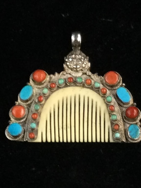Sterling Asian Pendant with Comb: Neat early Asian piece with turquoise/coral, comb in sterling. Measures 2 1/4 x 2 1/2. Condition is good, see pictures. No refunds given.