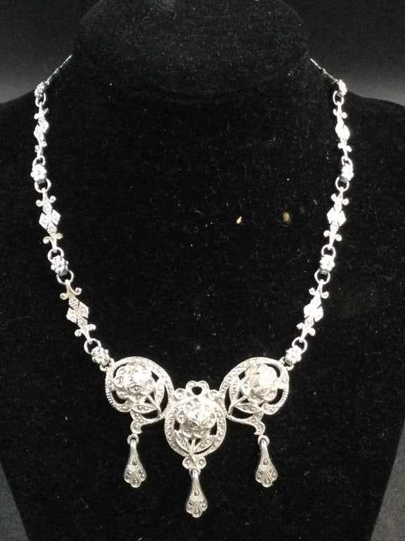 Antique Marcasite Necklace: Sterling silver necklace that is beautiful. Measures 14" and weighs 31.8g. Condition is good, see pictures. No refunds given.
