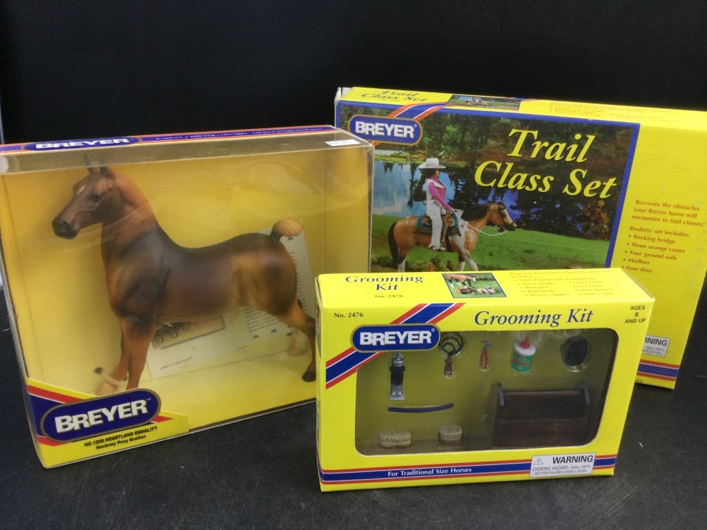 Breyer Collectibles: Total of 3 items all in original boxes. Grooming Kit, Trail Class Set and #1208 Heartland Equality Hackney Pony Stallion. Condition is new, see pictures. No refunds given.