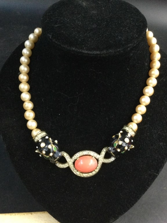 Joseff Mazer Necklace: Matching black leopards highlighted with white insets with faux coral 1" x 1/2" cabochon. 18" necklace. Collars and rope are inset crystals and leopards collar are also inset crystals. Faux pearls are