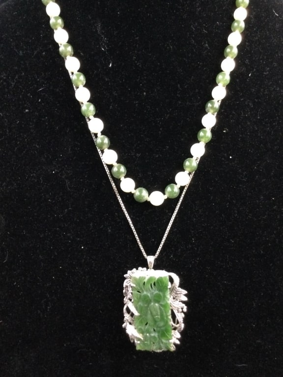 Sterling Jewelry and More: Neat ivory and jade bead necklace with silver clasp. Measures about 21". The other necklace is a silver chain 24". Pendant can be worn as a brooch. Pendant measures 2" x 1 1/4" and is jade with silver
