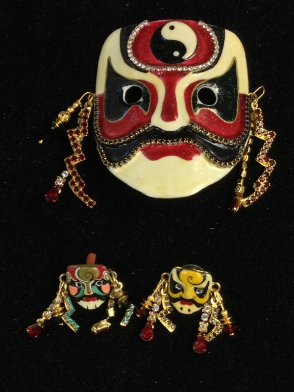 Lunch at the Ritz Jewelry: Neat mask jewelry such as earrings and pin/pendant. Pendant measures 3" x 2.5". Both have rhinestones and crystals. Condition is good, see pictures. No refunds given.