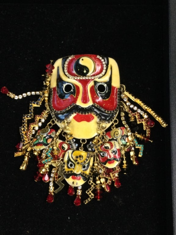Lunch at the Ritz Pin/Pendant: Larger mask pin/pendant with gemstones. See pictures, this is in good condition. Measures 4 3/4" x 2 1/2". No refunds given.