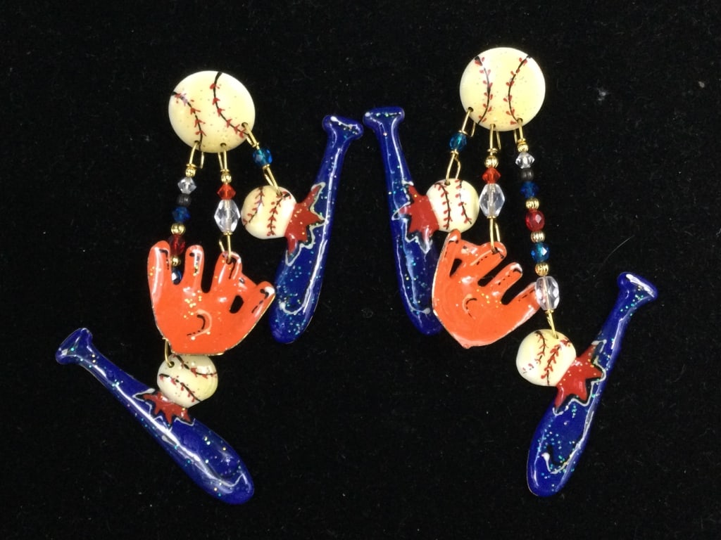 Lunch at the Ritz Baseball Earrings: Nice earrings come with glove, bats and balls. Vibrant colors. See pictures, condition is good. No refunds given.