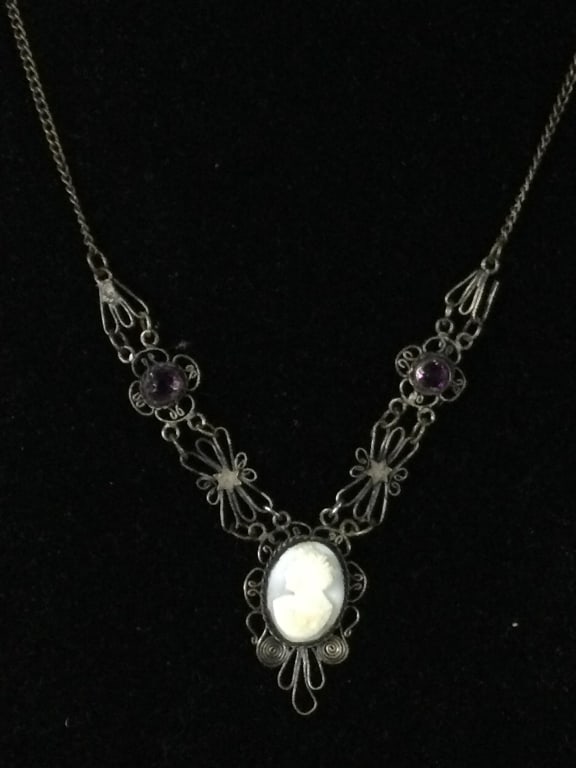 Vintage Necklace W/Pendant: Nice vintage pendant with cameo in the middle. See pictures, this is nice. See pictures, condition is good. No refunds given.