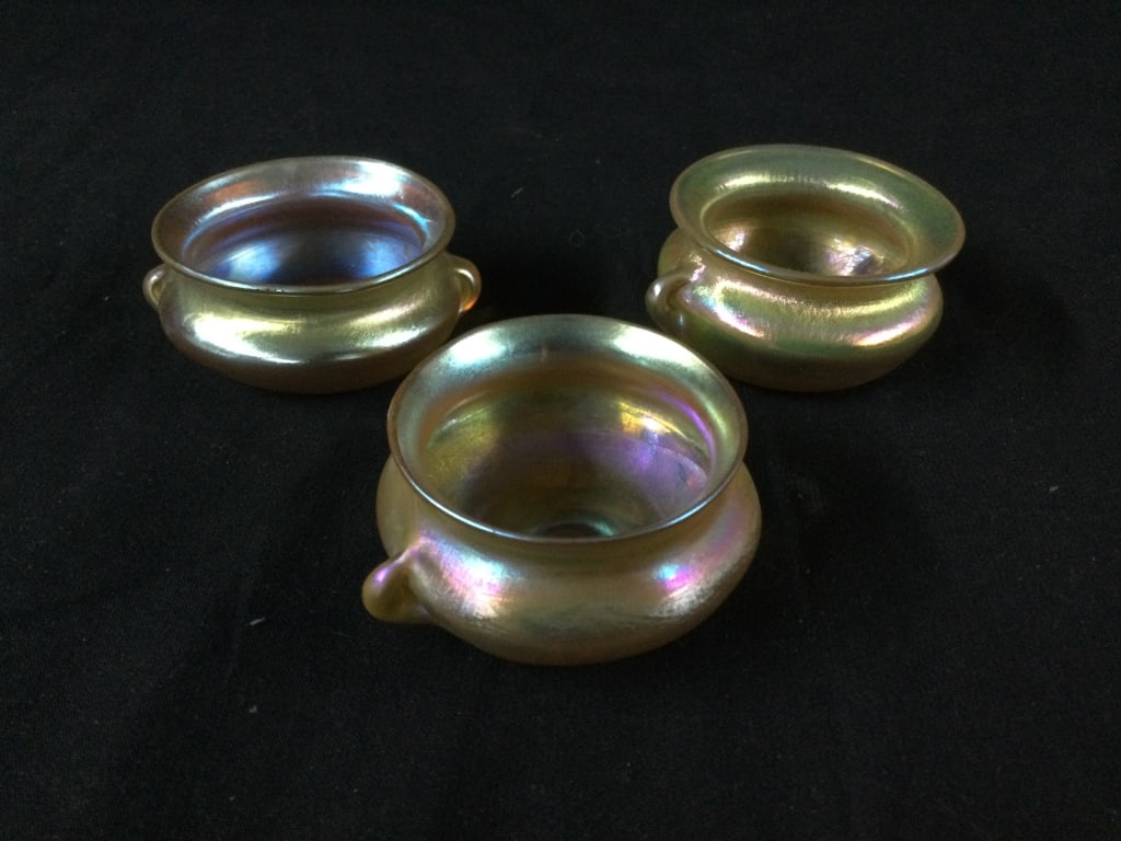 Tiffany Favrile Salts: Total of 3 Tiffany art glass salt cellars. in this lot Measures 1" x 2.5". Condition is good, see pictures. No refunds given.