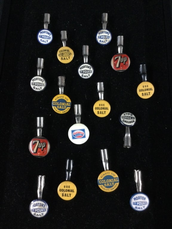 Vintage Salt Pencil Toppers: Total of 16 pencil/pen clips in this lot, There is Morton Salt, Colonial Salt, 7Up and Gutwein Feeds. Condition is consistent with age and use, see pictures. No refunds given.