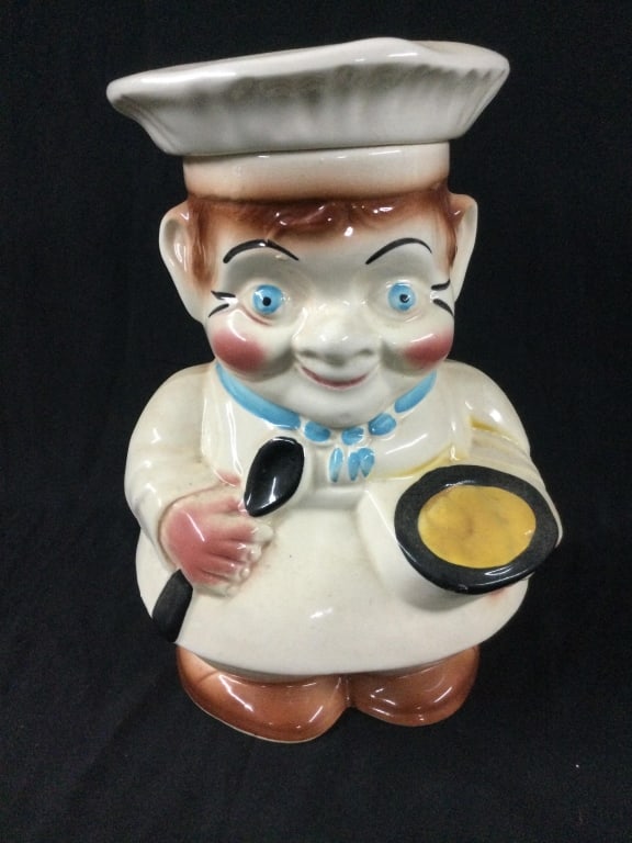 Vintage 1950's ' Roseville Pottery Ohio RRP Co: Happy Chef Cookie Jar. Condition is good, no chips or cracks. Marked on bottom. Measures 11"h. No refunds given.