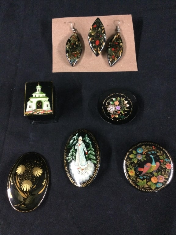 Vintage Hand painted Russian Signed Jewelry: There is 3 Russian hand painted lacquer broaches, hand painted lacquer pill box and trinket dish. Also hand painted bead earrings and ring. Condition is good, no refunds. No refunds given.