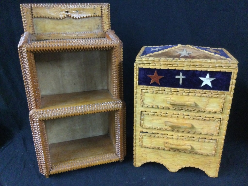 Tramp Art: Two neat pieces of tramp art. One is a shelf and the other a small chest with draws. The chest is truly a great piece. They measures from 13" to 17" h. Condition is good, see pictures. No refunds give