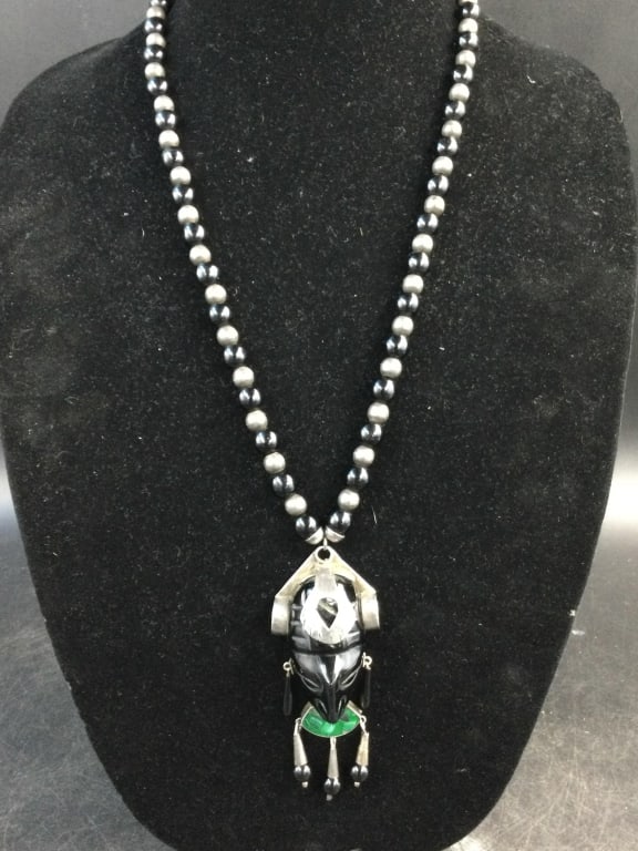 Vtg Taxco Sterling sliver Mayan Mask Onyx (1 of 7)