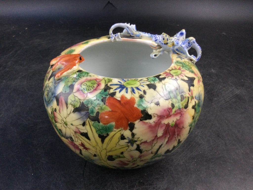 Early Piece 19th Century Flower Dish: Dragon bowl. Marked on the Bottom. Measures about 4"h x 5"w. Neat hand painted piece with flowers then dragon. See pictures. Condition is consistent with age and use. No refunds given.