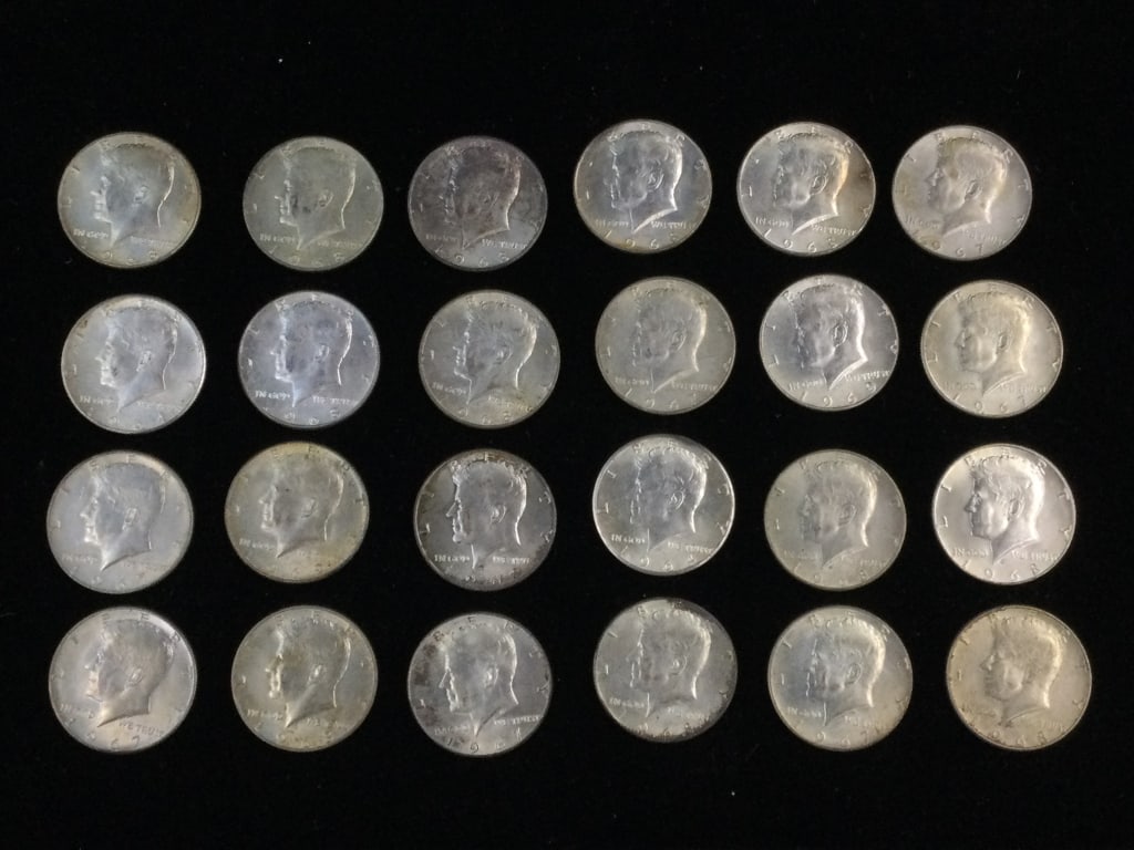 Half Dollar Coin Lot: Years vary from 1964 to 1968. Total of 24 coins. Condition is consistent with age and use, see pictures. No refunds given.