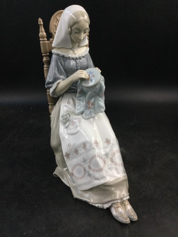 Lladro #4865 Lady Embroider: Condition is good, see pictures. Measures 11"t x 9"l x 6"w. No refunds given.
