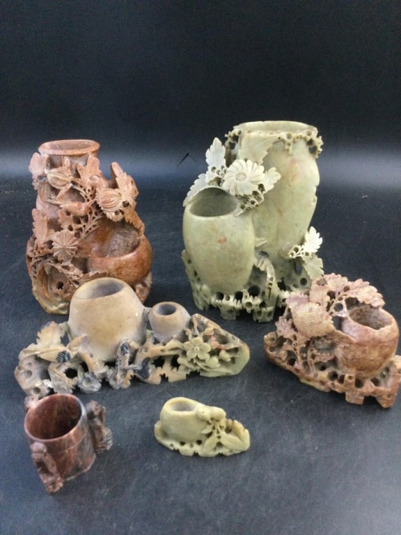 Vintage Soapstone: Lot of 6 in this lot. They range in size for 7.5" to 1.5". Condition is consistent with age and use. No refunds given.