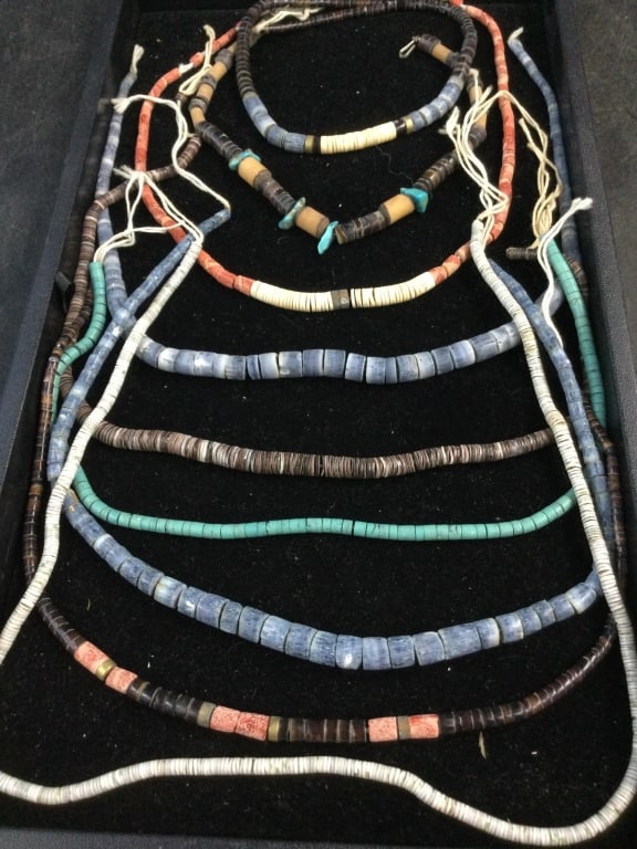 Navajo Southwestern Jewelry: Total of 9 Navajo strands in this lot. There is a variety of stones, sizes and shapes. See pictures, condition is good. No refunds given.