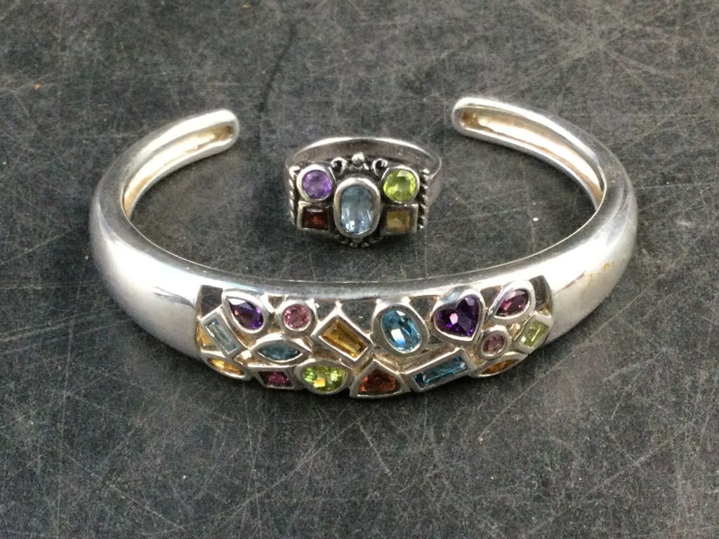 Sterling Jewelry: There is a ring size 8.5 and a cuff 6.5" (opening is 1 1/4"). Weighs 35.3. Condition is good, see pictures. No refunds given.