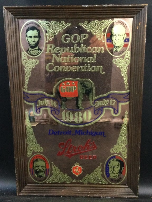 GOP Republican National Convention Beer Sign: Nice etched mirror sign for July 14 - 17 1980 GOP. This is for Strohs Bear and has 4 presidents on each corner Measures 21" x 14". See pictures. No refunds given. Condition Information: It is the resp