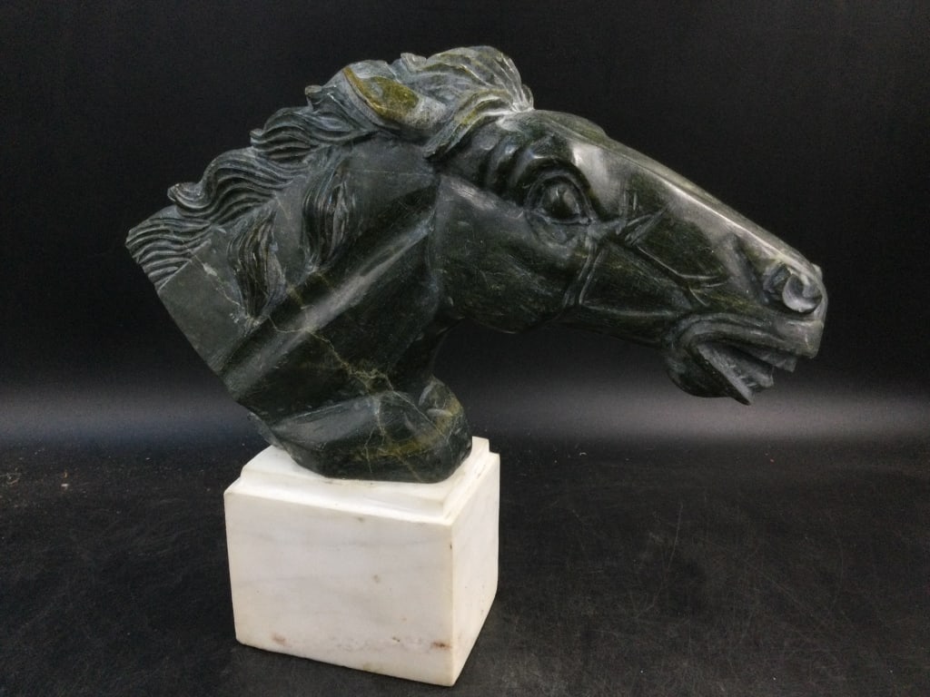 Carved Jade Horse Head on Marble Base (1 of 5)