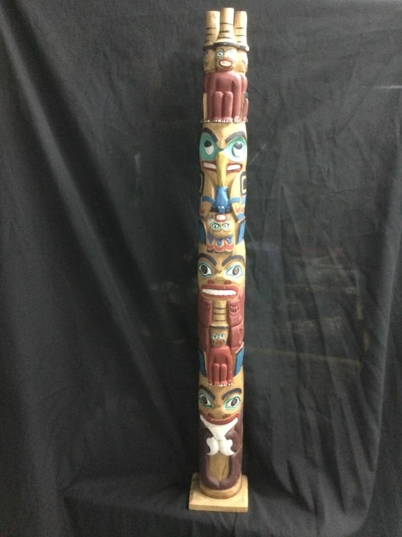 Carved Totem Pole: Neat piece that is signed on the back. Measures 36"h x 3.5"w. Condition is consistent with age and use, see pictures. No refunds given. Condition Information: It is the responsibility of the buyer to 
