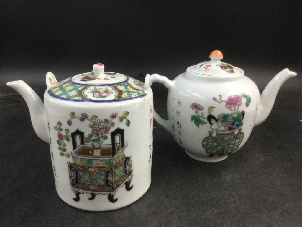 Chinese Famille Rose Tea Pots: Total of 2 pots that are hand painted and signed on bottom. Measures about 5.5" each. Condition is good, see pictures. No refunds given. Condition Information: It is the responsibility of the buyer to