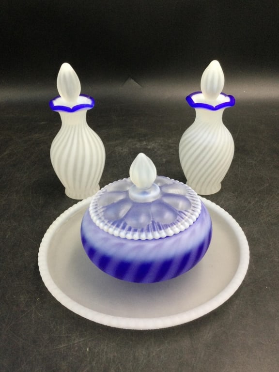 Fenton Dresser Set-: Pattern Blue Ridge made 1939-1940. Opaque tray, 4 ½” powder jar, two perfumes. No damage. No refunds given. International buyers must do wire transfer.