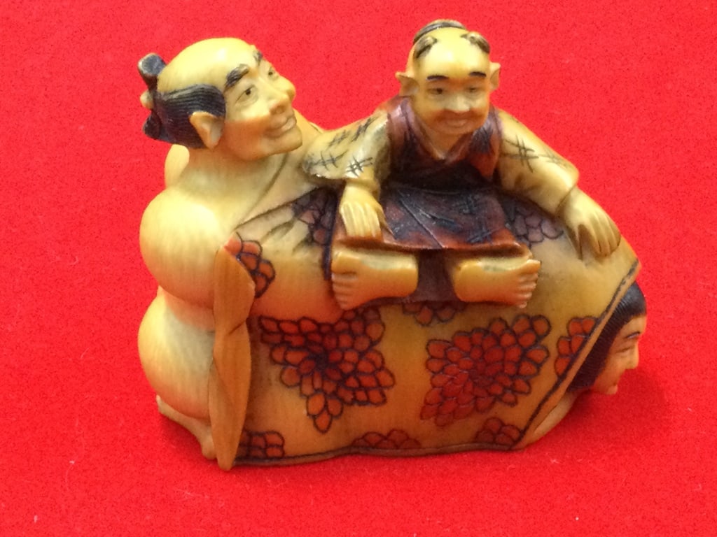 Antique Carved Exotic Nesuke: See pictures. Appears to be man in bed with lady and another man seating on top. Detail Detail. Hand carved and hand painted. Signed by maker and 2" x 2". No refunds given. International buyers must d