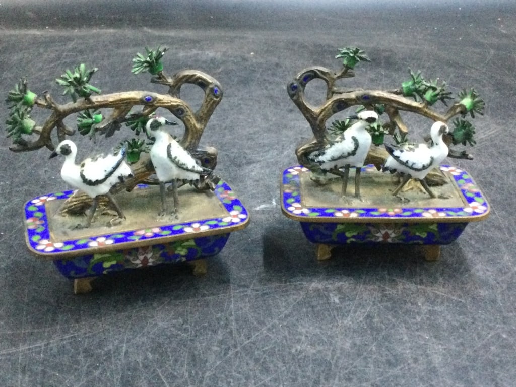 Vintage Cloisonne w/ Enamel Bonsai Trees & Birds (1 of 4)