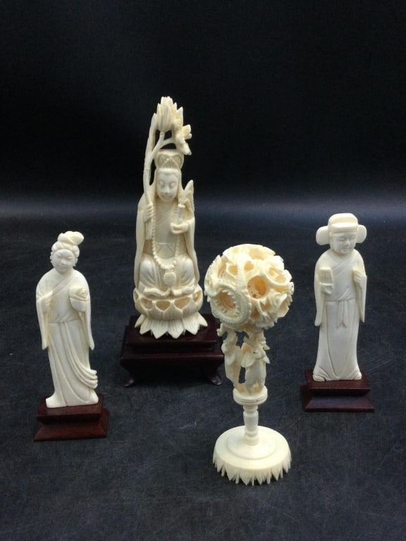 Carved Figures and More: Total of 4 pieces. There is a puzzle ball statue with paper label 4.5". The 3 figures are 4" to 6". See pictures. No refunds given.