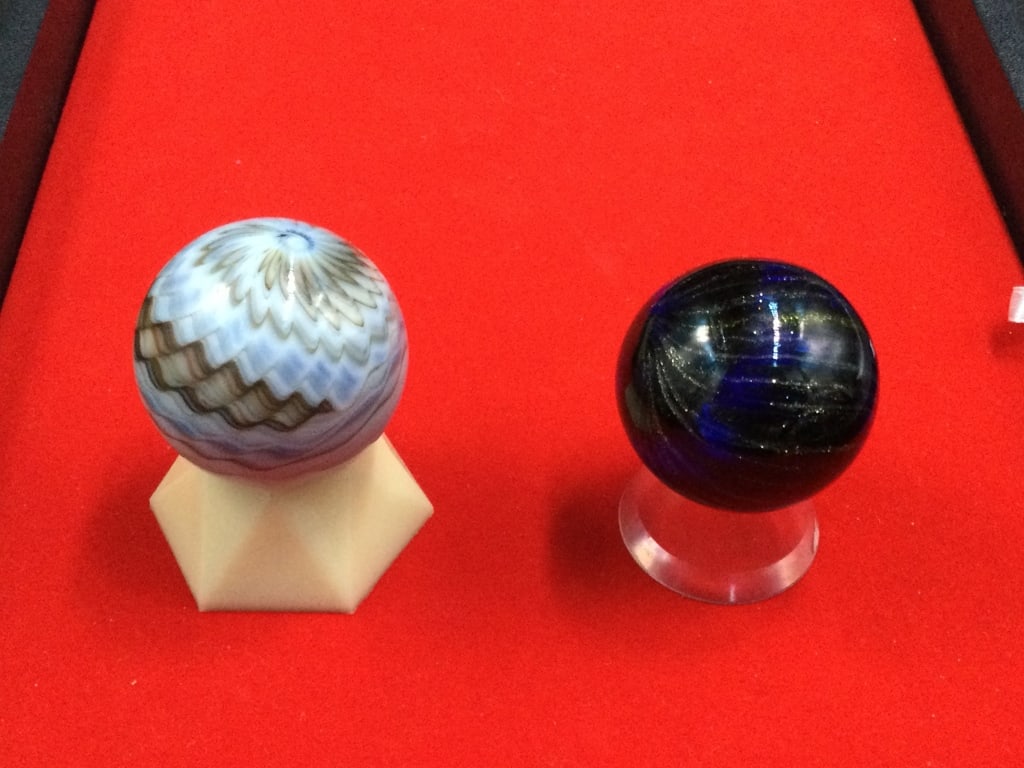 Hand Made Glass Art Marbles: Contenporary hand made marbles one with latticino pattern 1.545 and the other is Swirl 1.490. Condition is good, see pictures. No refunds given.