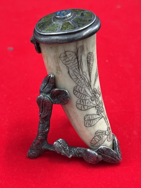 Vintage Tooth Snuff Holder: Beautiful early snuff container. scrimshawed whale tooth layered in solid silver cradle. inlaid gemstones. Measures overall over 2.5" high. See pictures, this is a one of a kind. No refunds given.