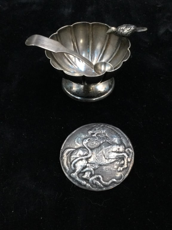 Sterling Salt Cellar: Older salt cellar that weighs 32.1g. Condition is good, see pictures. Comes with sterling spoon. No refunds given.